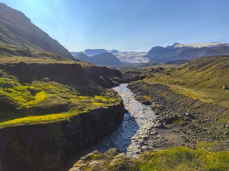 Dramatic Iceland landscape with Markarfljot canyon and river in the vincinity of Emstrur Botnar. Travel and tourism.