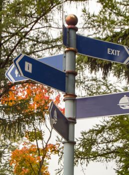 Signs in the Park, directions and useful places for tourists, outdoor, in the fall.