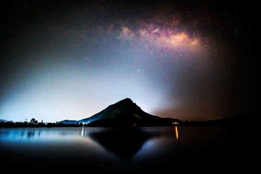 milky way at the lake in night time