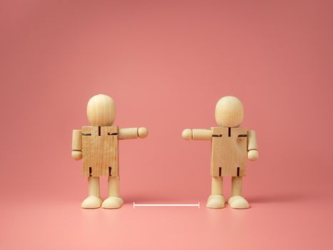 Two wooden doll on pink background. 
keep distance concept.
preventive measures.
infection control.