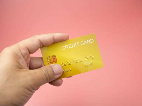 Hand man holding credit card mockup.