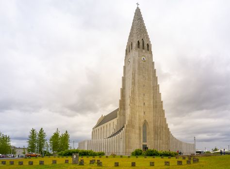 Reykjavik, Iceland, July 2019: Hallgrimskirkja or church of Hallgrimur, Lutheran parish church, by state architect Guðjón Samúelsson. Tallest building in Iceland.