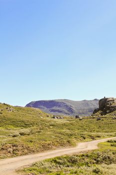 Road, parking and trails by the Vavatn lake in Hemsedal, Buskerud, Norway.