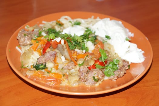 vegetable stew with meat and sour cream in a plate close up