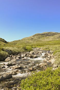 Beautiful Storebottåne river by the vavatn lake. Summer landscape in Hemsedal, Buskerud, Norway.