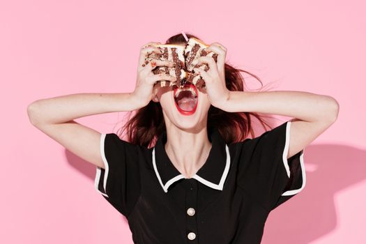 Happy woman and celebrate birthday with disco party cake in hand