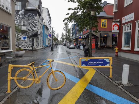 Reykjavik, Iceland, July 2019: pedestrian zone in Reykjavik, Iceland, on a rainy day