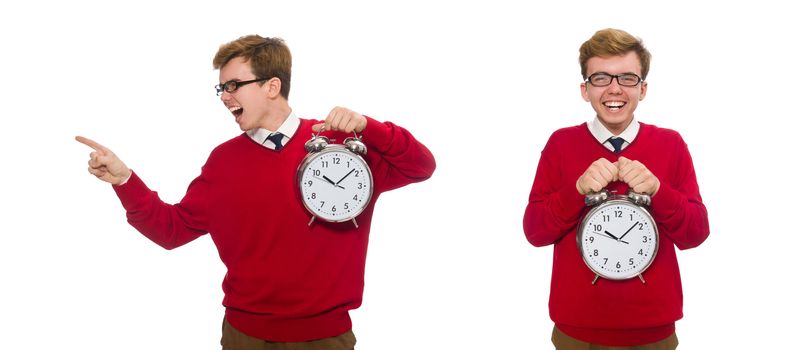 Student with alarm clock isolated on white