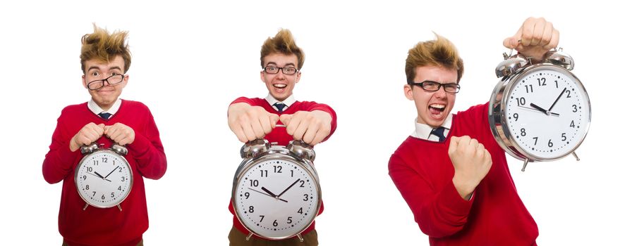 Student with alarm clock isolated on white