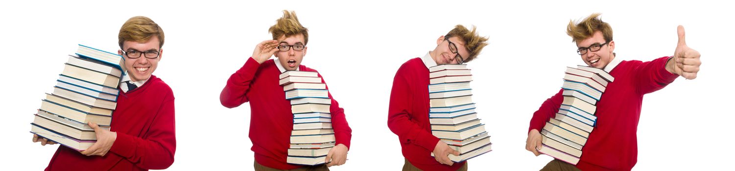 Funny student with books isolated on white