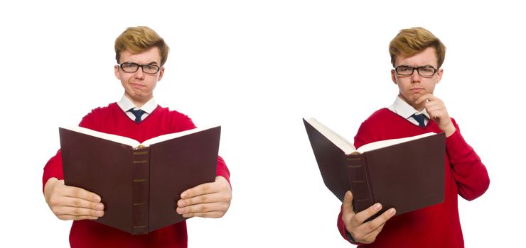 University student with book isolated on white