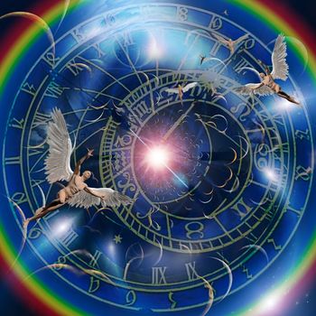 Angels and time. Zodiac clock. 3D rendering