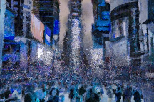 Abstract artwork. Time Square. Words cloud. 3D rendering