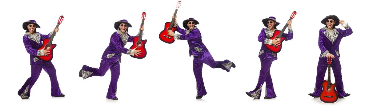Man in funny clothing holding guitar isolated on white