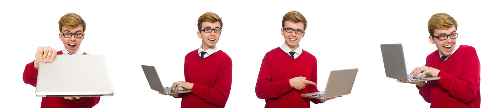 Student using laptop isolated on white