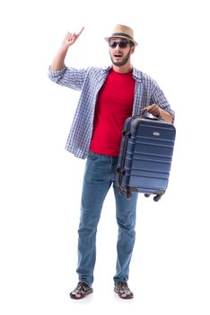 Young man ready for summer travel isolated on white