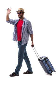 Young man ready for summer travel isolated on white