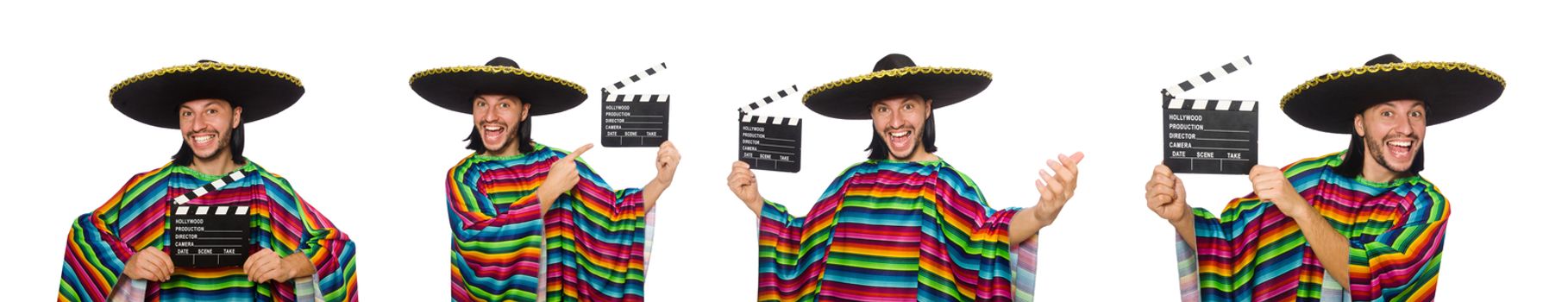 Handsome man in vivid poncho isolated on white