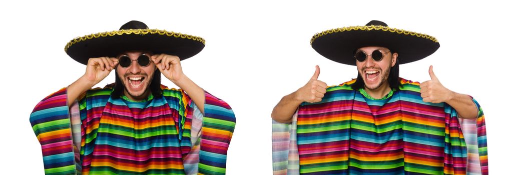 Handsome man in vivid poncho isolated on white