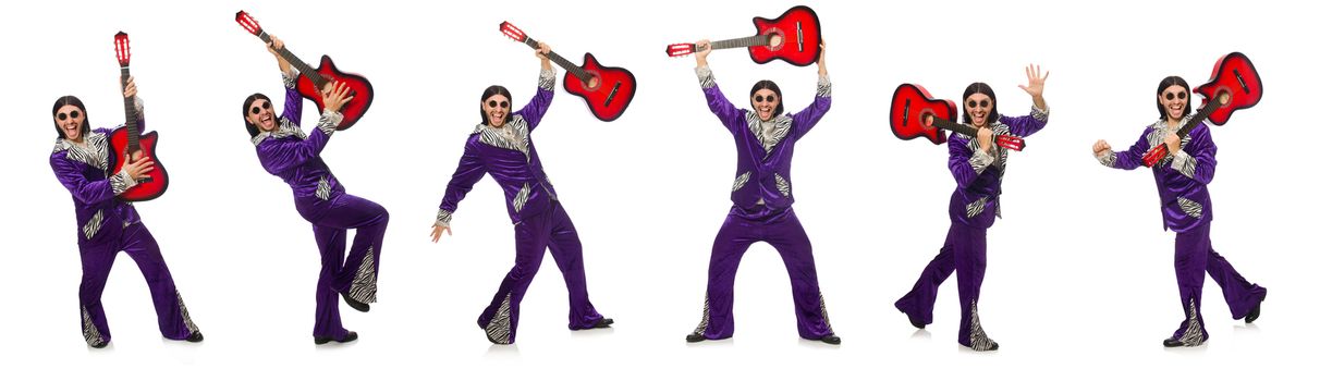 Man in funny clothing holding guitar isolated on white