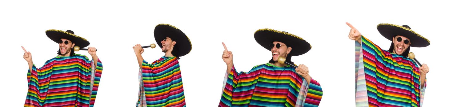 Handsome man in vivid poncho holding maracas isolated on white