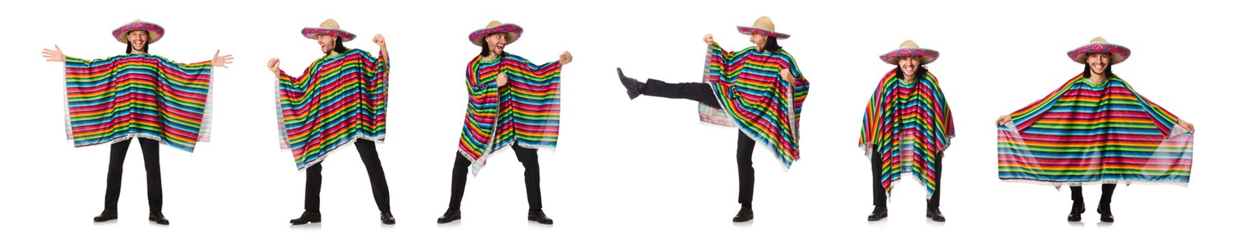 Handsome man in vivid poncho isolated on white