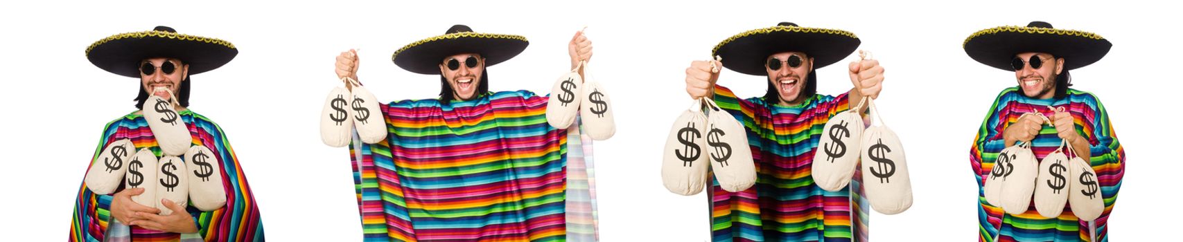 Handsome man in vivid poncho holding money bags isolated on white
