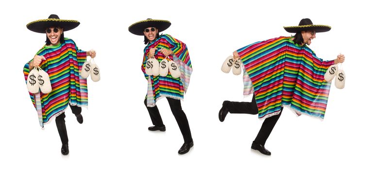 Handsome man in vivid poncho holding money bags isolated on white