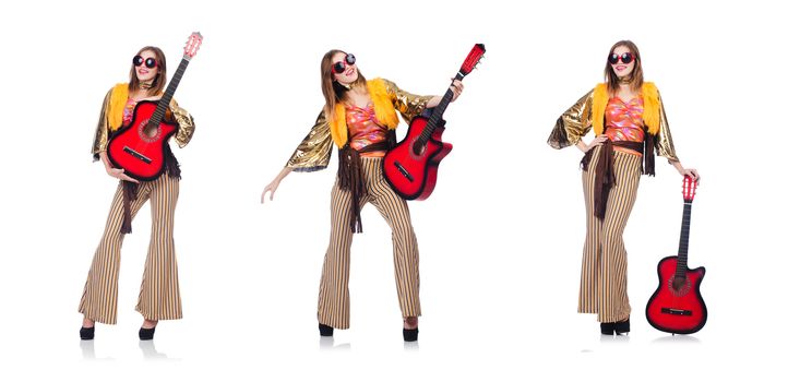 Tall guitar player isolated on white