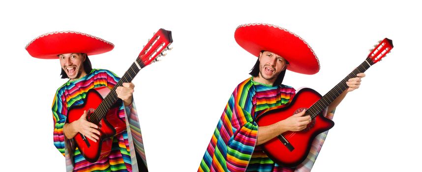 Mexican in vivid poncho holding guitar isolated on white