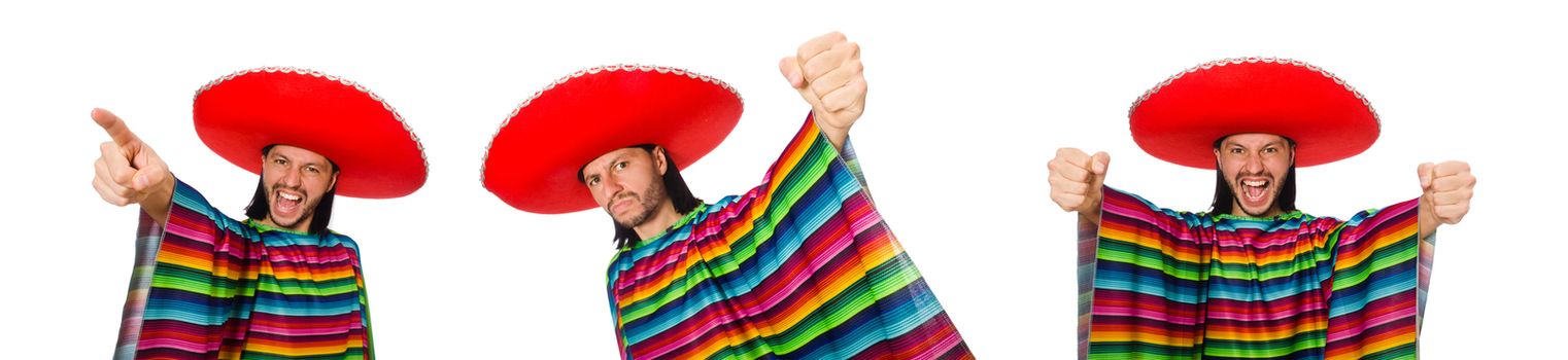 Handsome man in vivid poncho isolated on white