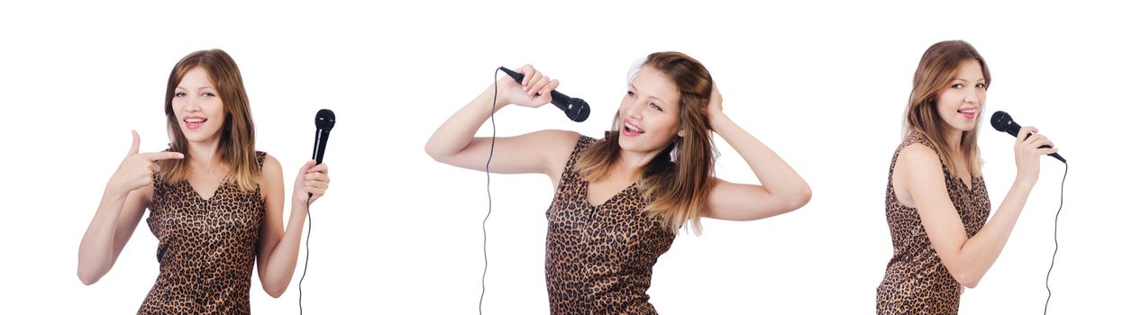 Woman singer with microphone on white