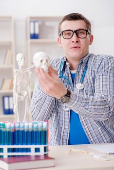Medical student studying skeleton in classroom during lecture