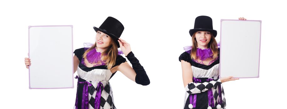 Girl in harlequin costume isolated on white