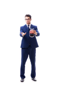 Businessman with blood bag isolated on white