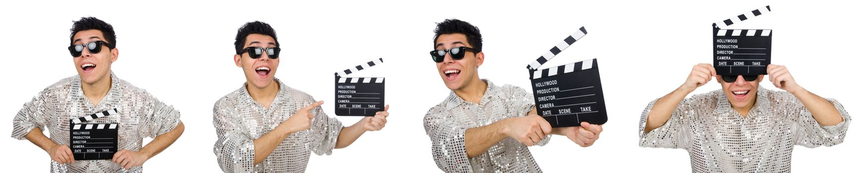 Man with movie clapperboard isolated on white