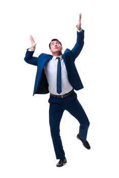 Businessman in funny pose isolated on white