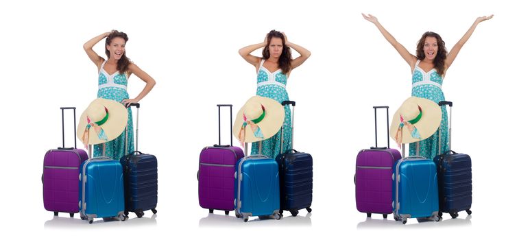 Woman traveller with suitcase isolated on white