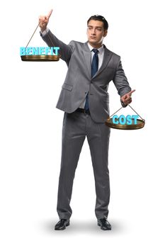 Businessman in cost benefit balance concept