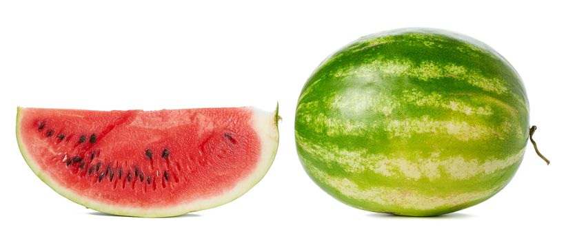 green striped whole round watermelon and a piece with red pulp and brown seeds isolated on white background, summer berry, set