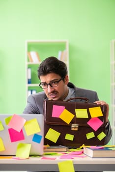 Businessman unhappy with many conflicting priorities sitting in the office 