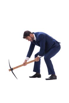 Young businessman with axe isolated on white background  