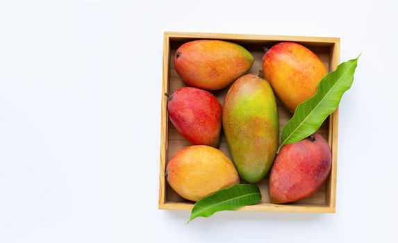 Tropical fruit, Mango in wooden box on white background. Top view