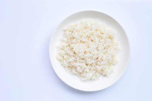 Dish of rice on white background. Top view