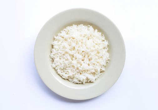 Dish of rice on white background. Top view