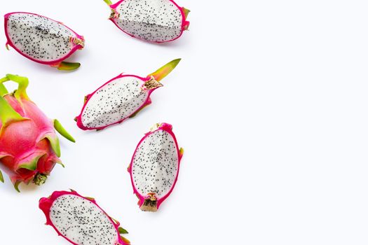 Dragon fruit slices, pitaya isolated on white background. Delicious tropical exotic fruit
