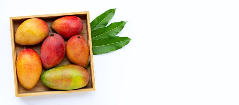 Tropical fruit, Mango in wooden box on white background. Copy space