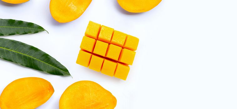 Tropical fruit, Mango slices on white background. Top view