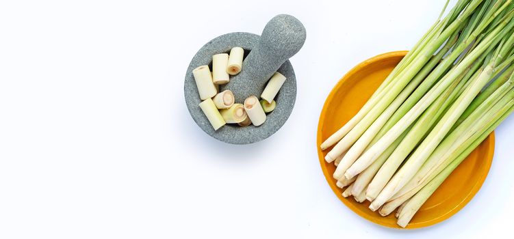 Fresh lemongrass on white background. Copy space