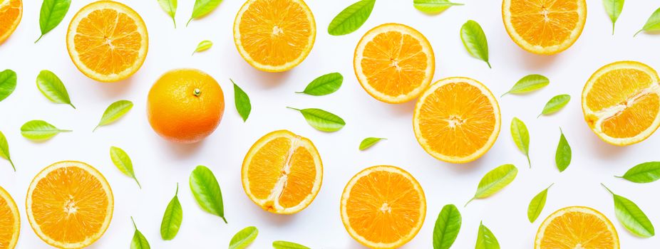 High vitamin C, Juicy and sweet. Fresh orange fruit with green leaves  on white background. Top view